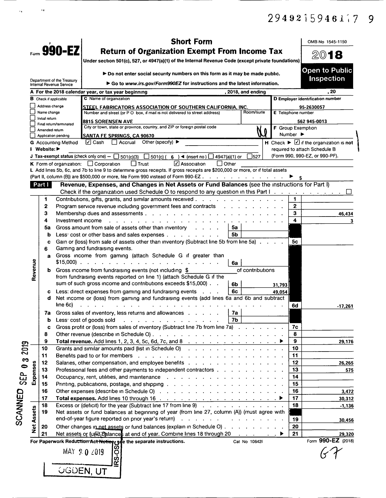 Image of first page of 2018 Form 990EO for Steel Fabricators Association of Southern California