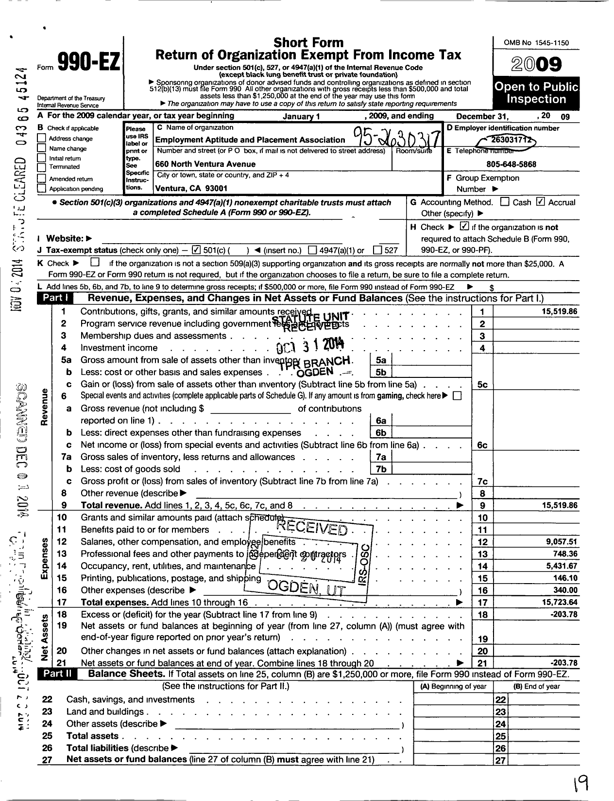 Image of first page of 2009 Form 990EO for Employment Aptitude and Placement Association