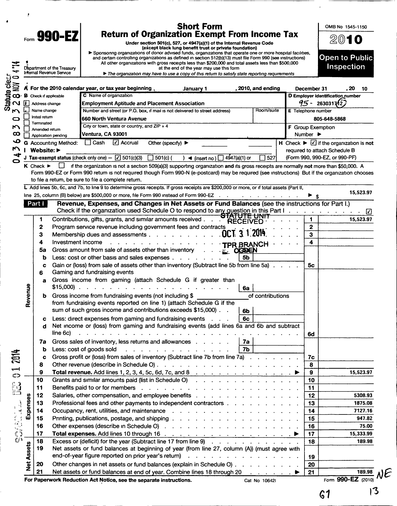 Image of first page of 2010 Form 990EZ for Employment Aptitude and Placement Association