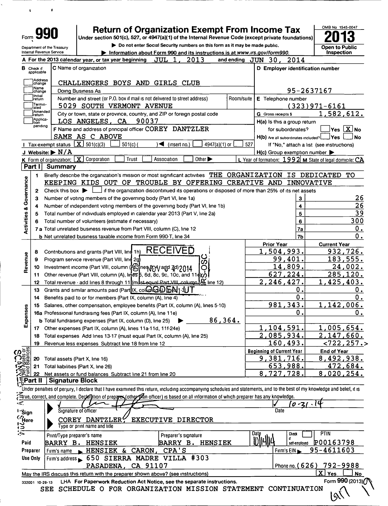 Image of first page of 2013 Form 990 for The Challengers Boys and Girls Club