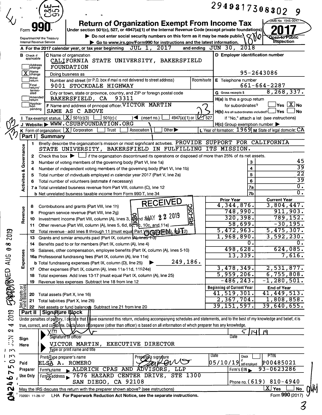 Image of first page of 2017 Form 990 for California State University Bakersfield Foundation