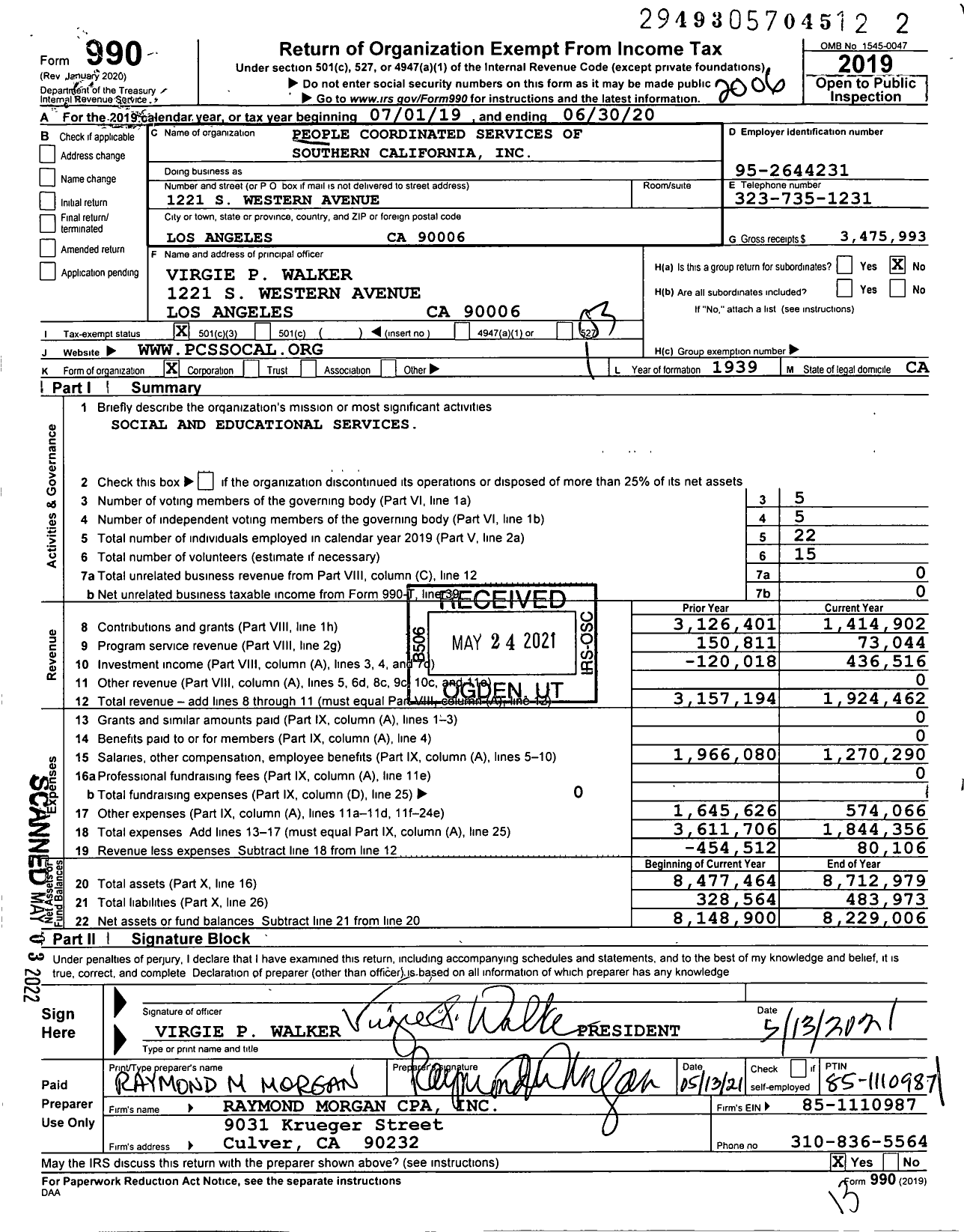 Image of first page of 2019 Form 990 for People Coordinated Services of Southern California