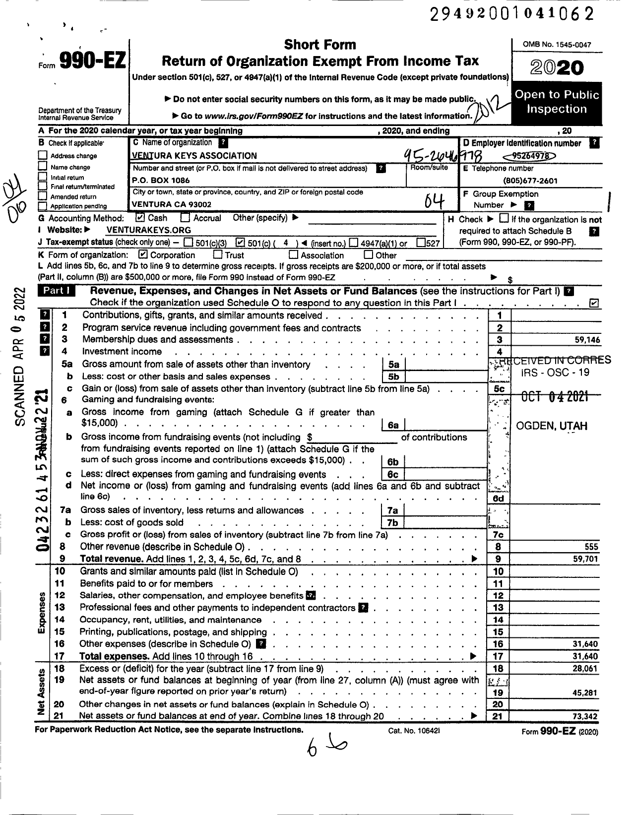 Image of first page of 2020 Form 990EO for Ventura Keys Association