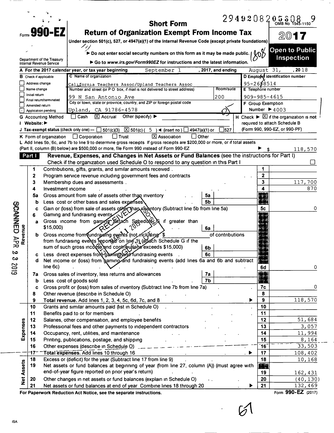 Image of first page of 2017 Form 990EO for California Teachers Association - Upland Teachers Association