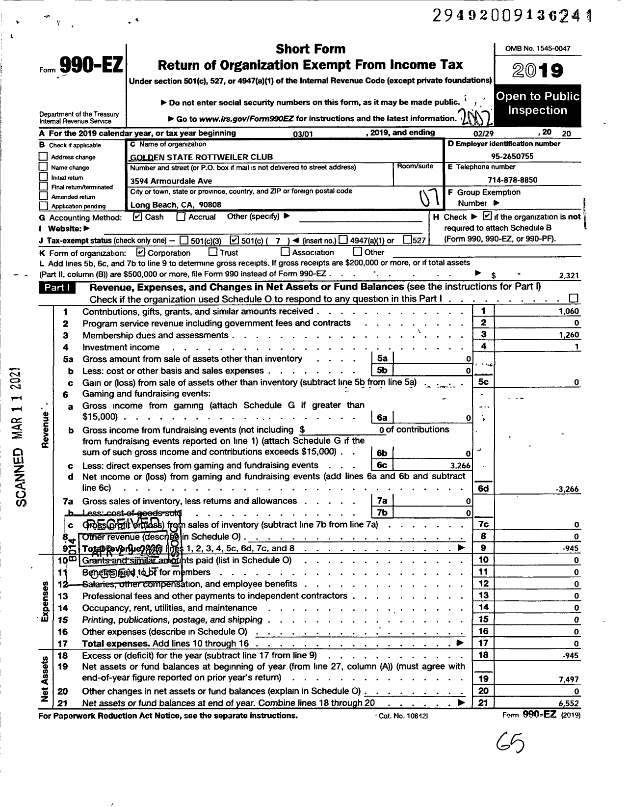 Image of first page of 2019 Form 990EO for Golden State Rottweiler Club