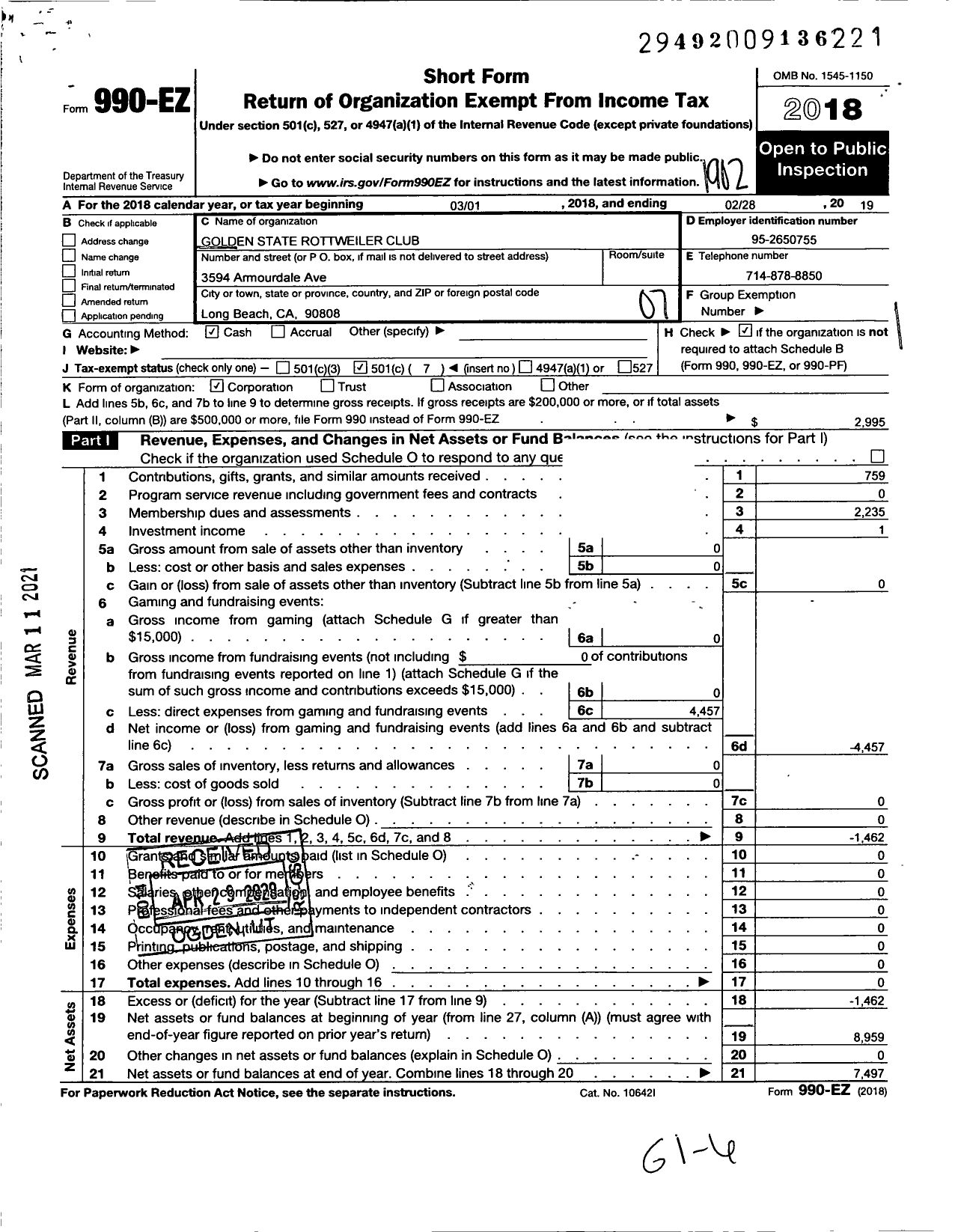 Image of first page of 2018 Form 990EO for Golden State Rottweiler Club