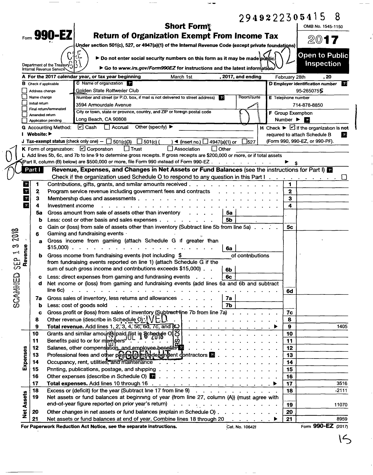 Image of first page of 2017 Form 990EO for Golden State Rottweiler Club