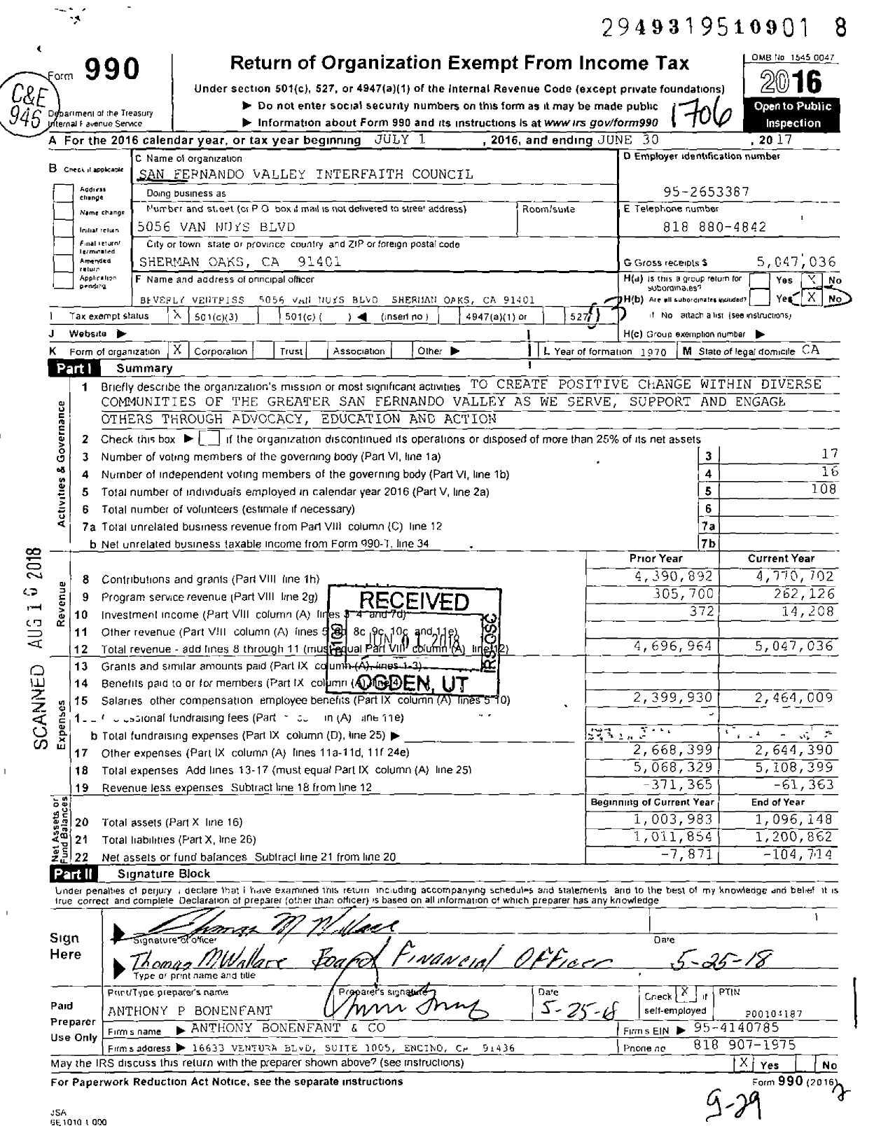 Image of first page of 2016 Form 990 for Valley Intercommunity Council