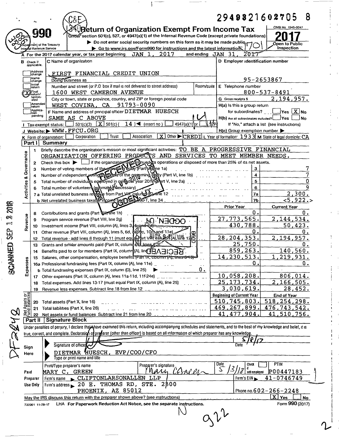 Image of first page of 2016 Form 990O for First Financial Credit Union (FFCU)