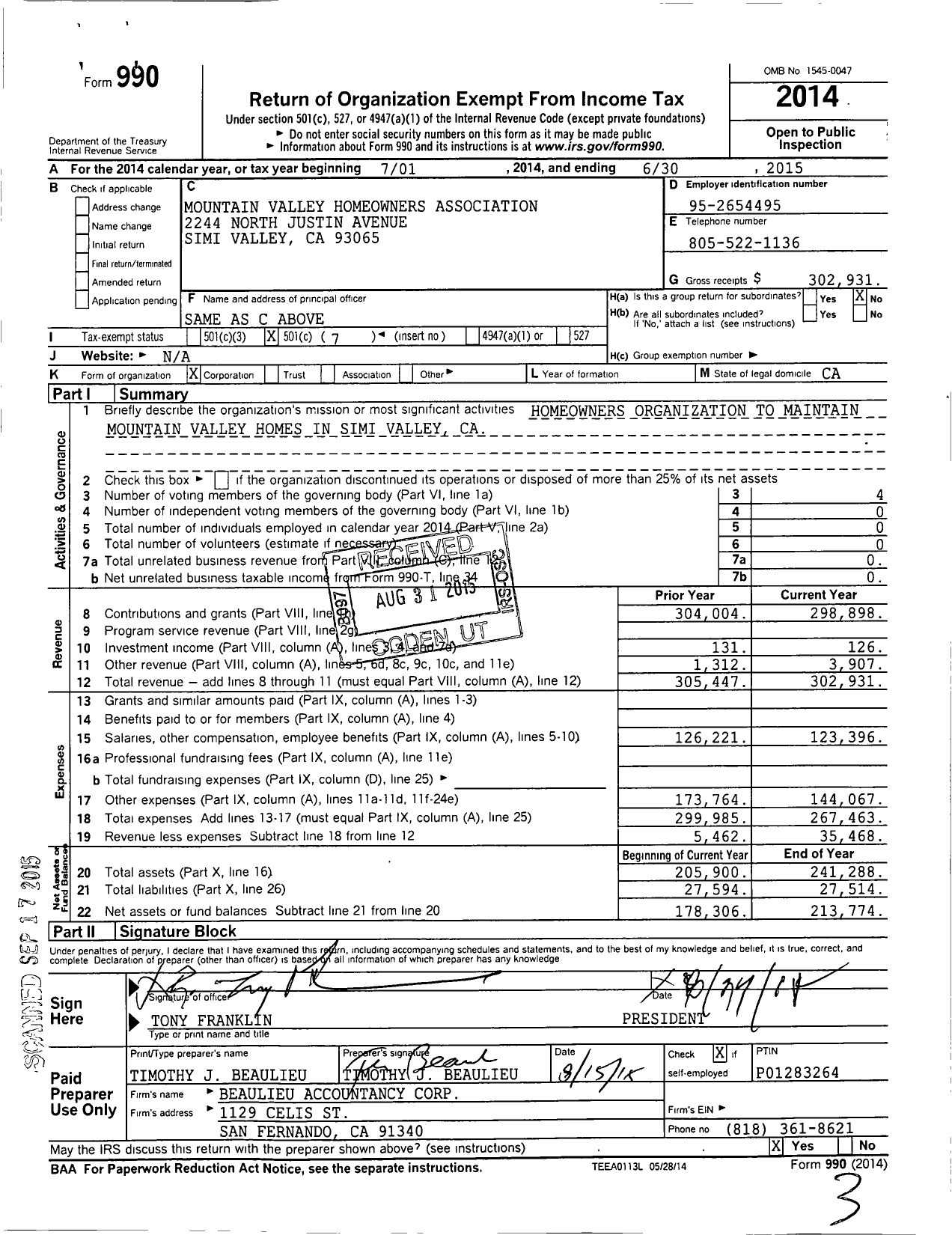 Image of first page of 2014 Form 990O for Mountain Valley Homeowners Association