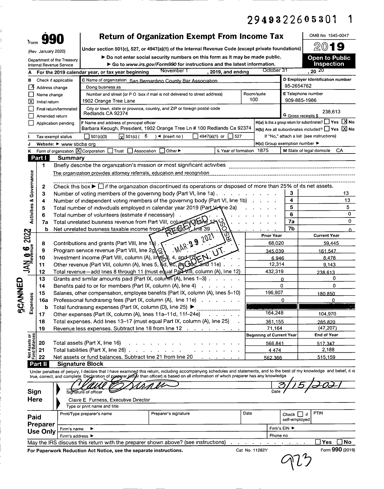 Image of first page of 2019 Form 990O for San Bernardino County Bar Association