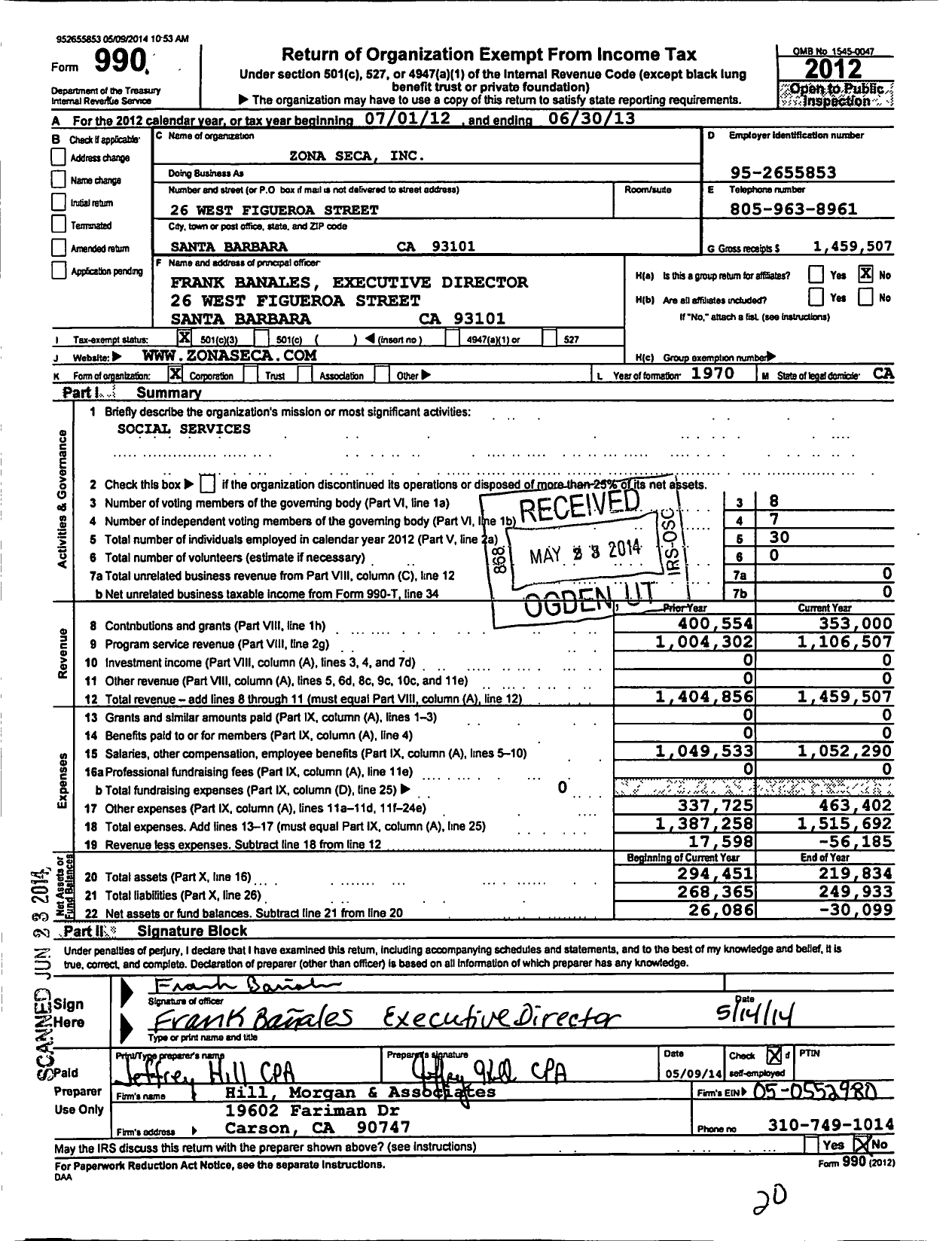 Image of first page of 2012 Form 990 for Zona Seca