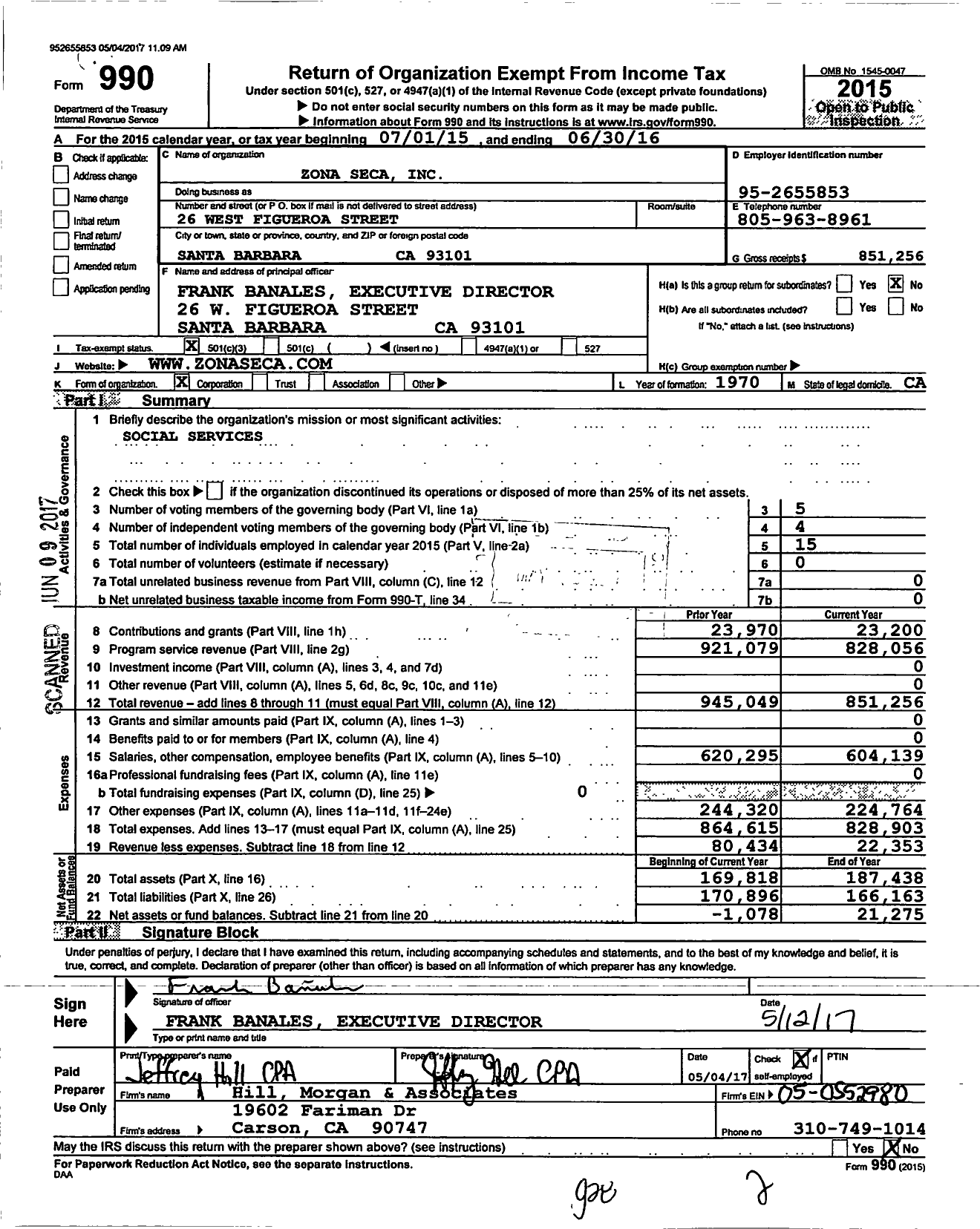 Image of first page of 2015 Form 990 for Zona Seca