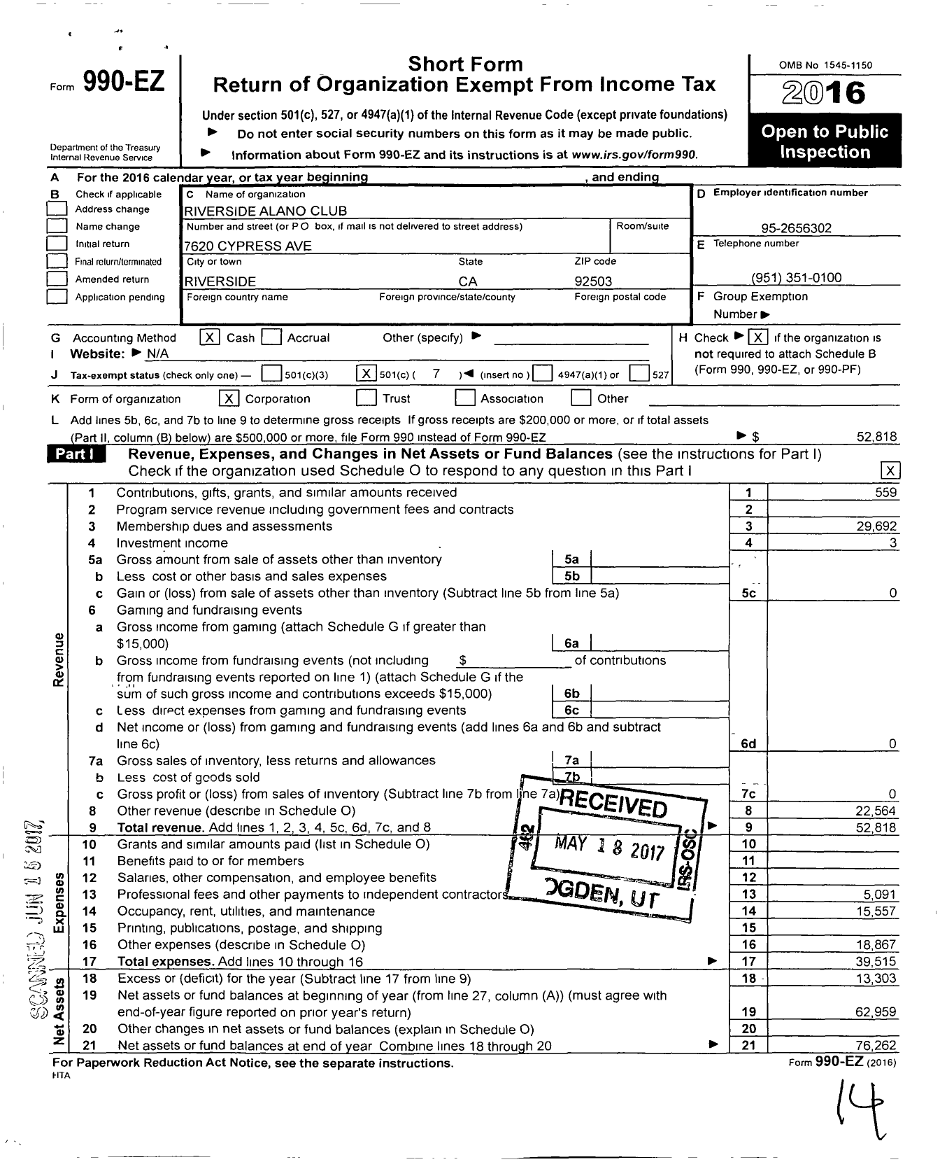 Image of first page of 2016 Form 990EO for Riverside Alano Club