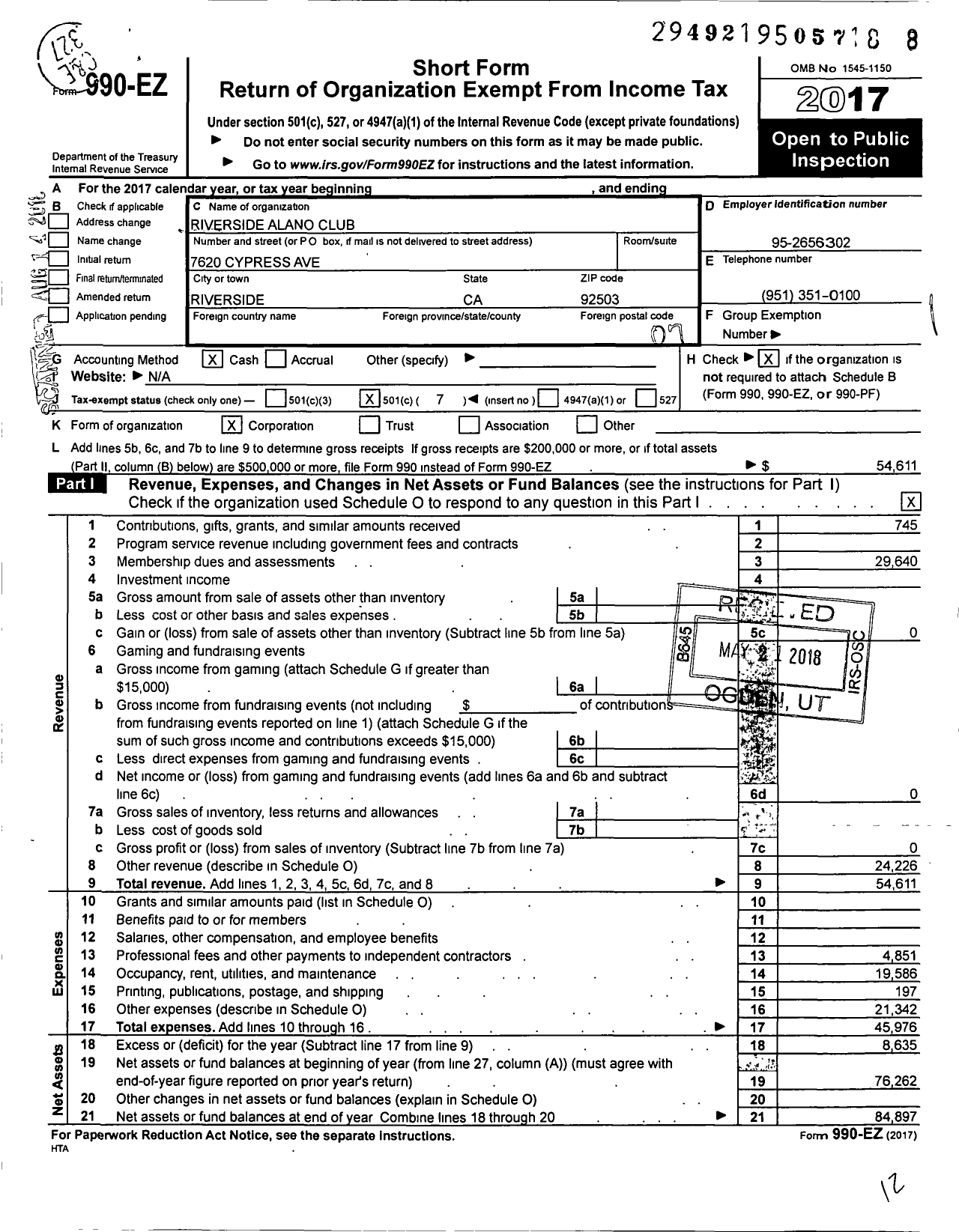 Image of first page of 2017 Form 990EO for Riverside Alano Club