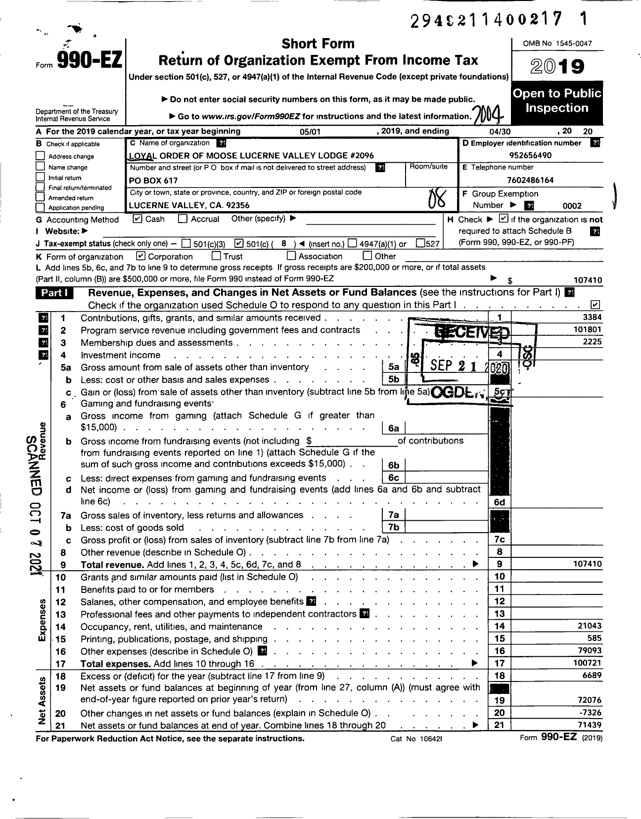 Image of first page of 2019 Form 990EO for Loyal Order of Moose - 2096