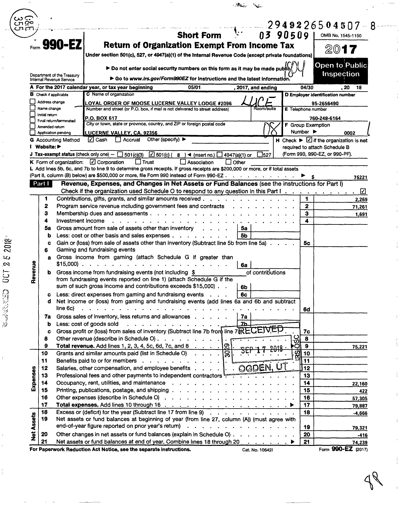 Image of first page of 2017 Form 990EO for Loyal Order of Moose - 2096