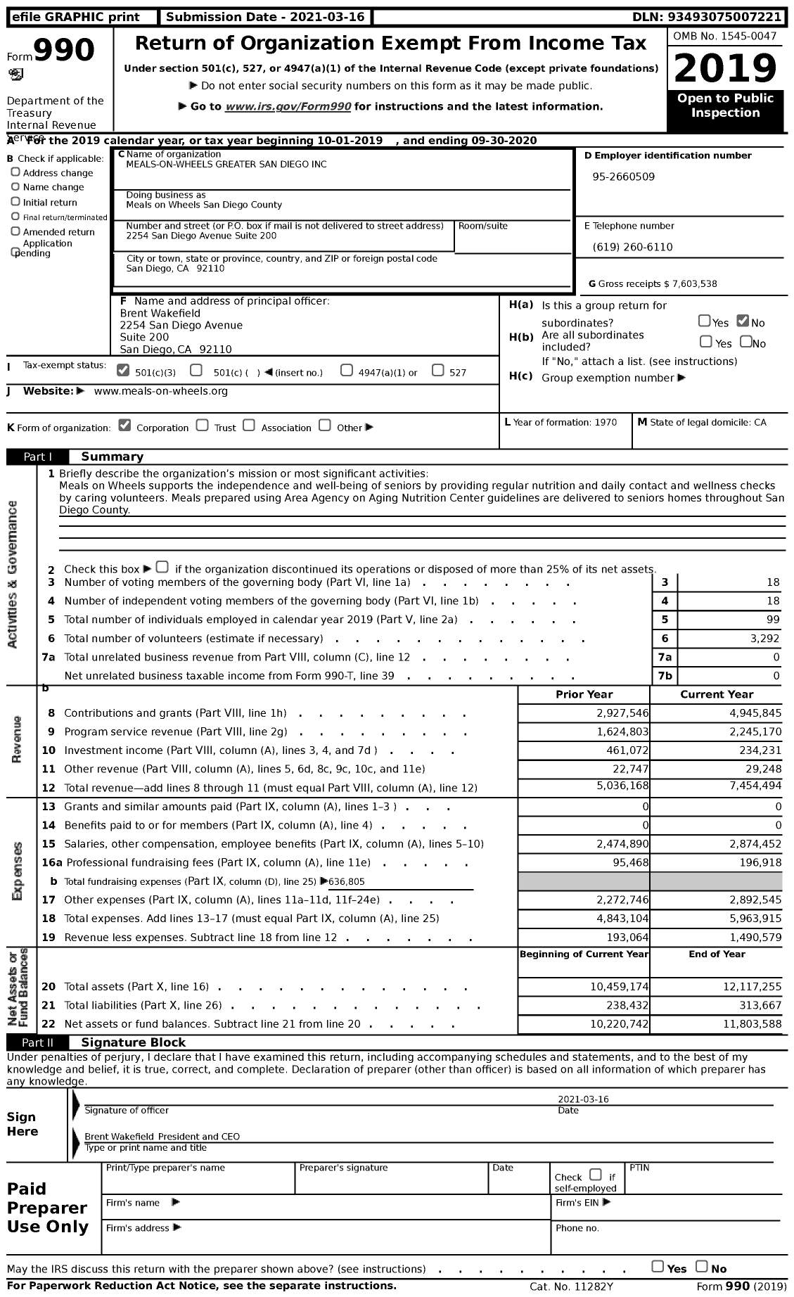 Image of first page of 2019 Form 990 for Meals on Wheels San Diego County