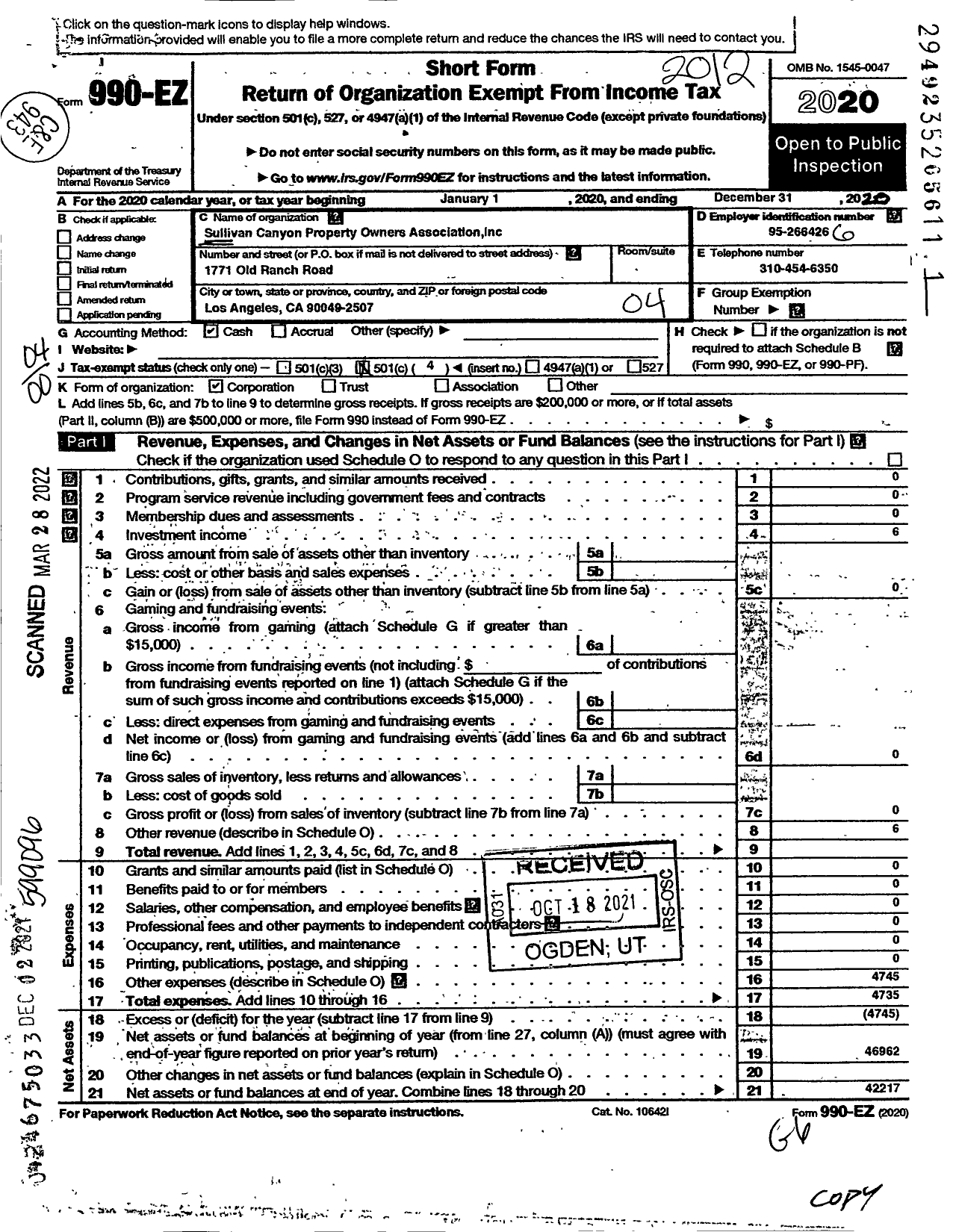 Image of first page of 2020 Form 990EO for Sullivan Canyon Property Owners Association