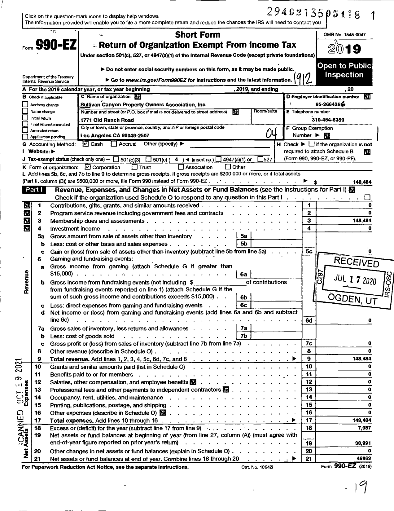 Image of first page of 2019 Form 990EO for Sullivan Canyon Property Owners Association