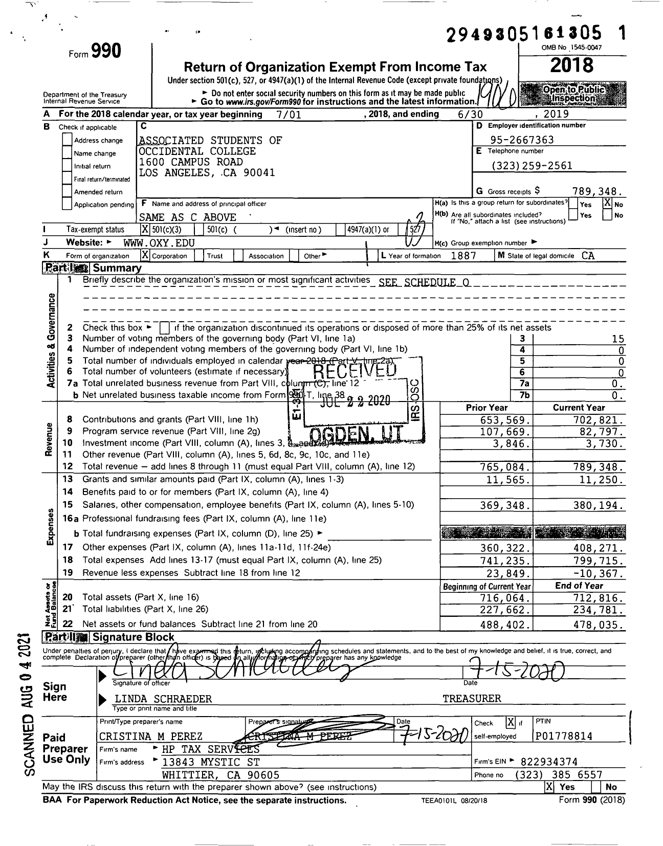 Image of first page of 2018 Form 990 for Associated Students of Occidental College