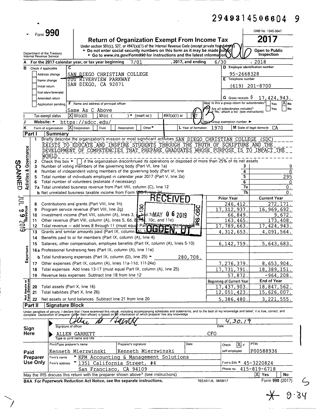 Image of first page of 2017 Form 990 for San Diego Christian College (SDC)