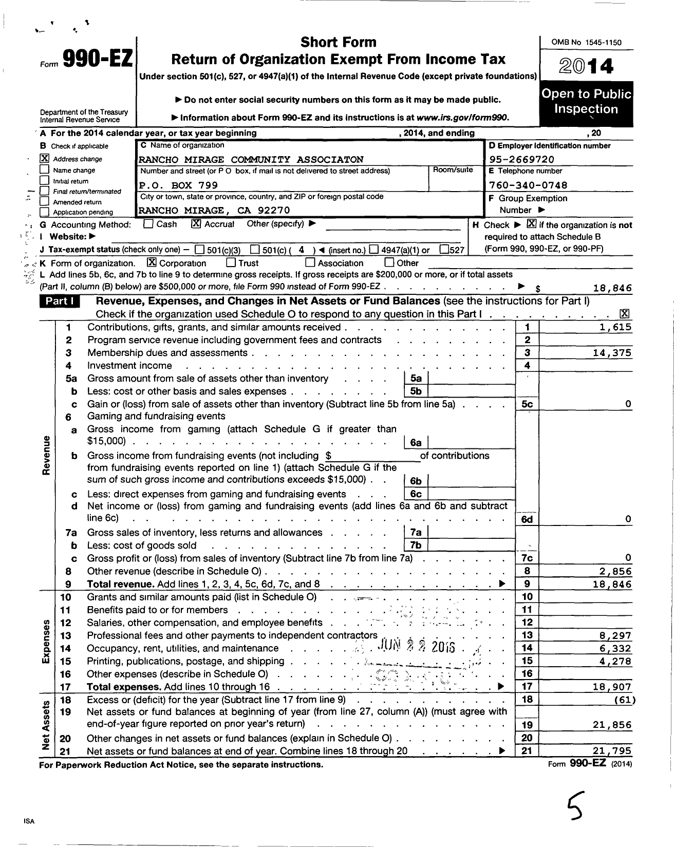 Image of first page of 2014 Form 990EO for Rancho Mirage Community Association