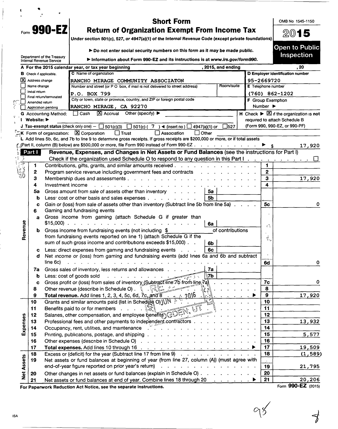 Image of first page of 2015 Form 990EO for Rancho Mirage Community Association