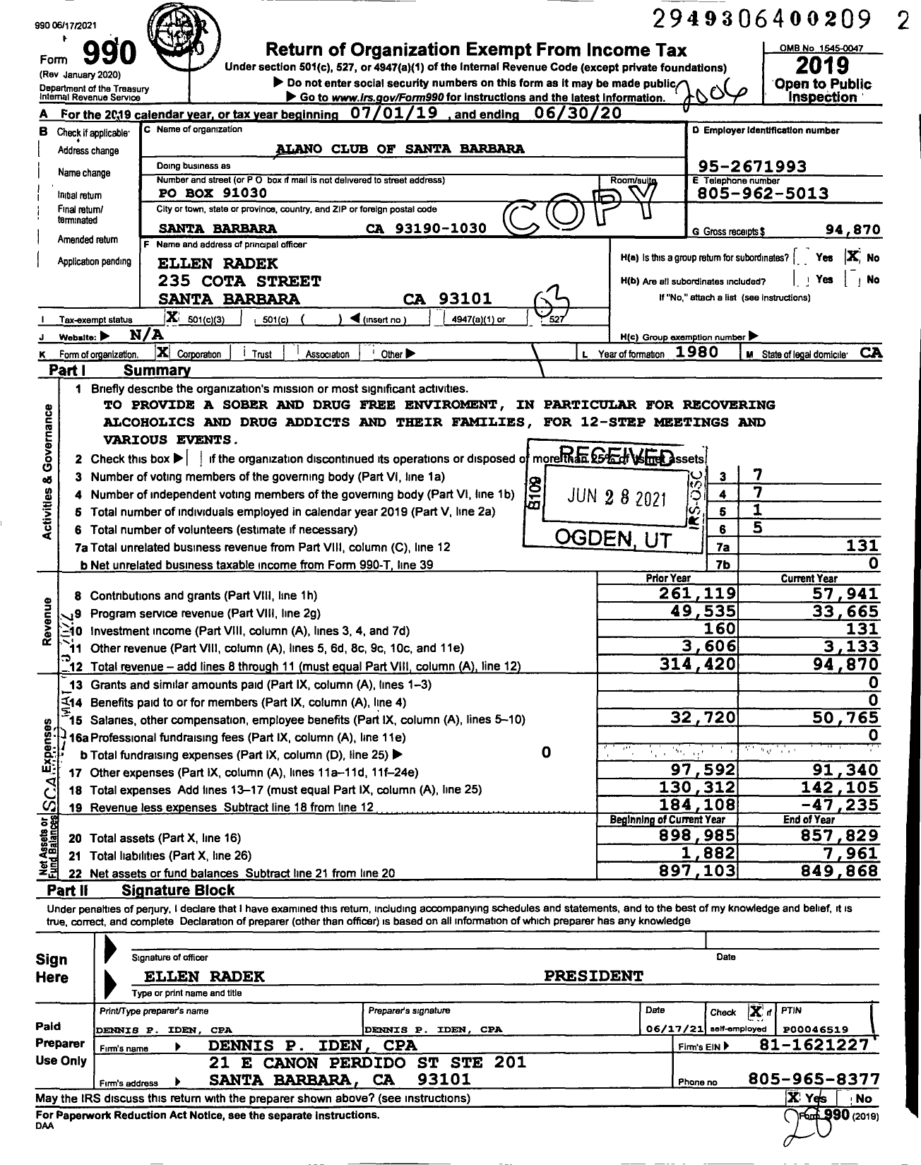Image of first page of 2019 Form 990 for Alano Club of Santa Barbara
