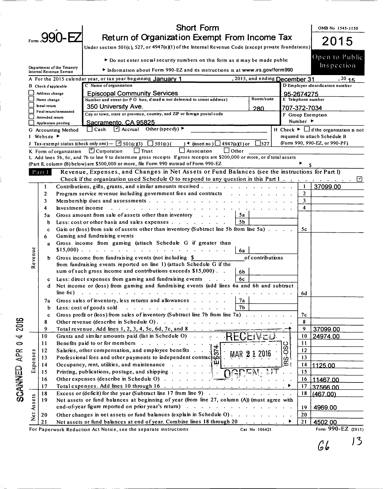 Image of first page of 2015 Form 990EZ for Episcopal Community Services of the Diocese of Northern California