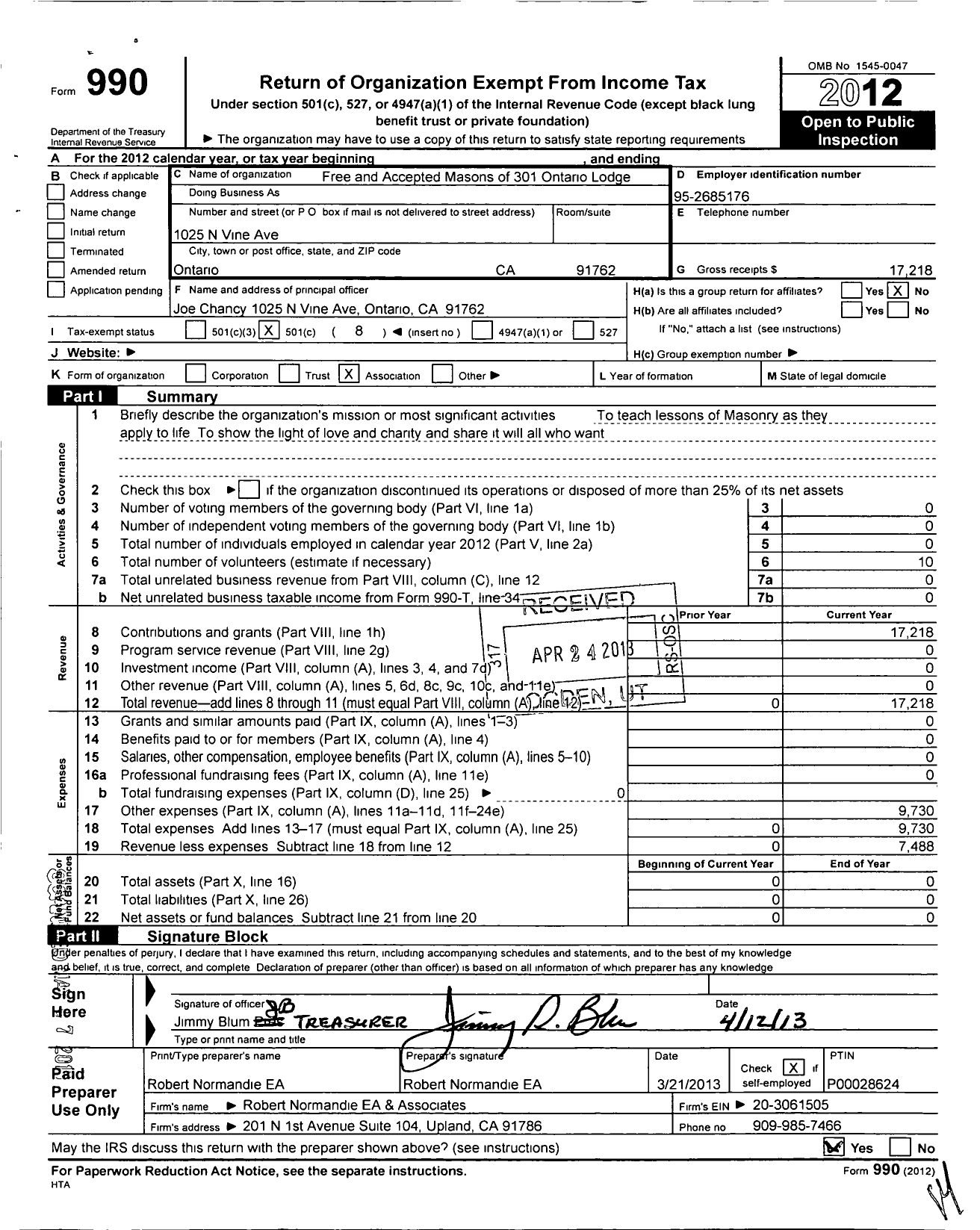 Image of first page of 2012 Form 990O for Masons of California - 301 Ontario Lodge