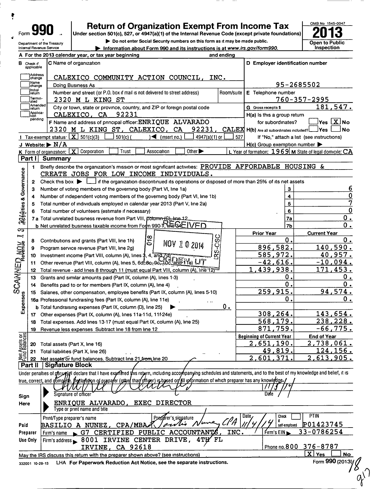 Image of first page of 2013 Form 990 for Calexico Community Action Council