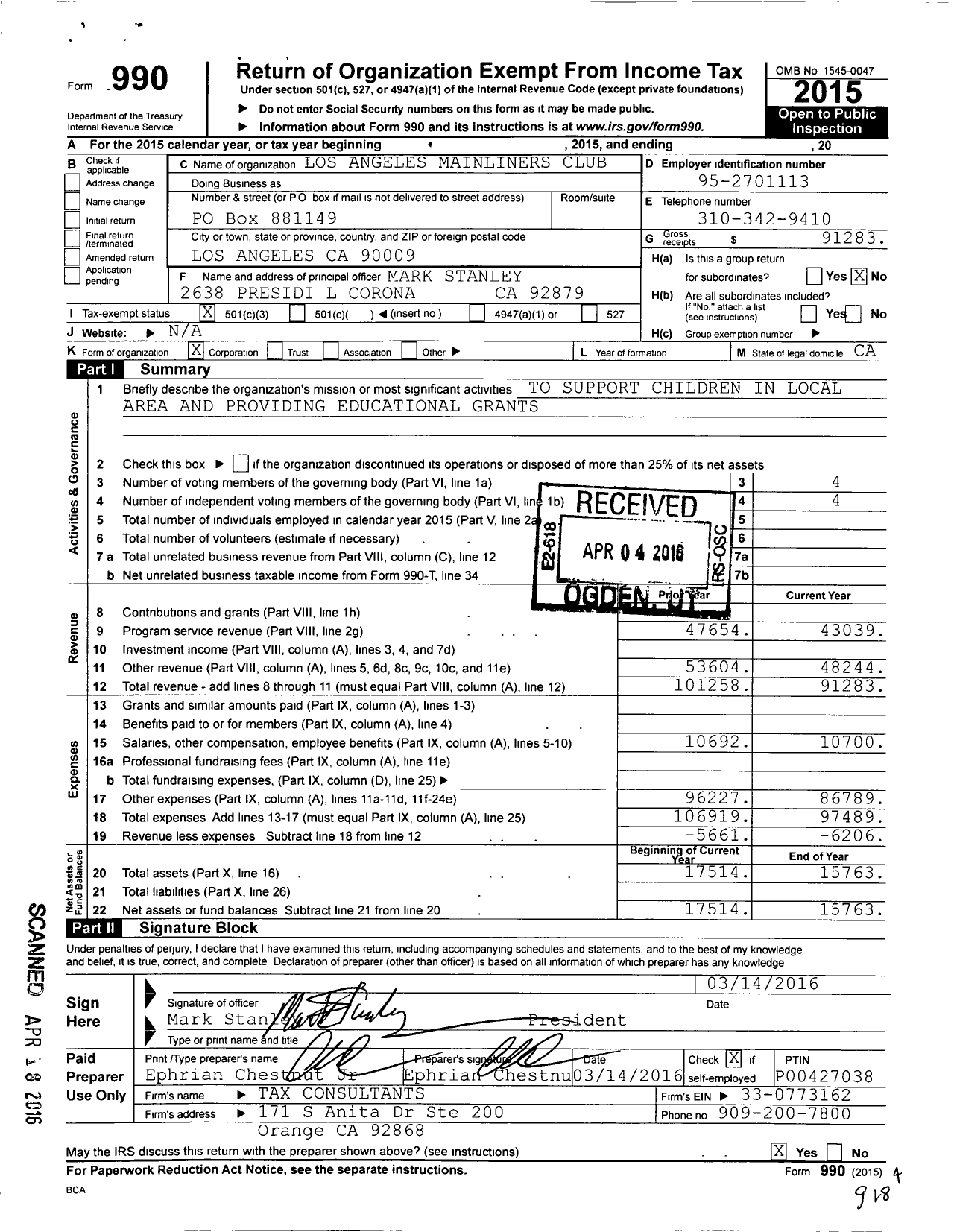 Image of first page of 2015 Form 990 for Los Angeles Mainliner Club