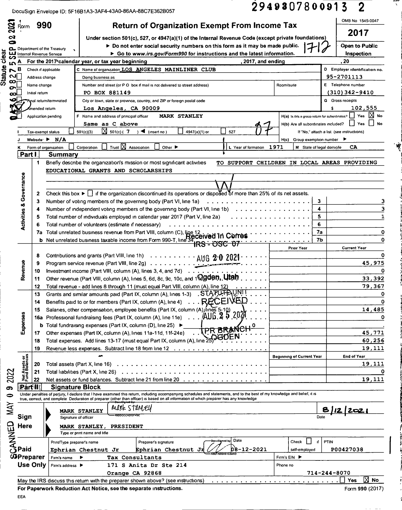 Image of first page of 2017 Form 990O for Los Angeles Mainliner Club
