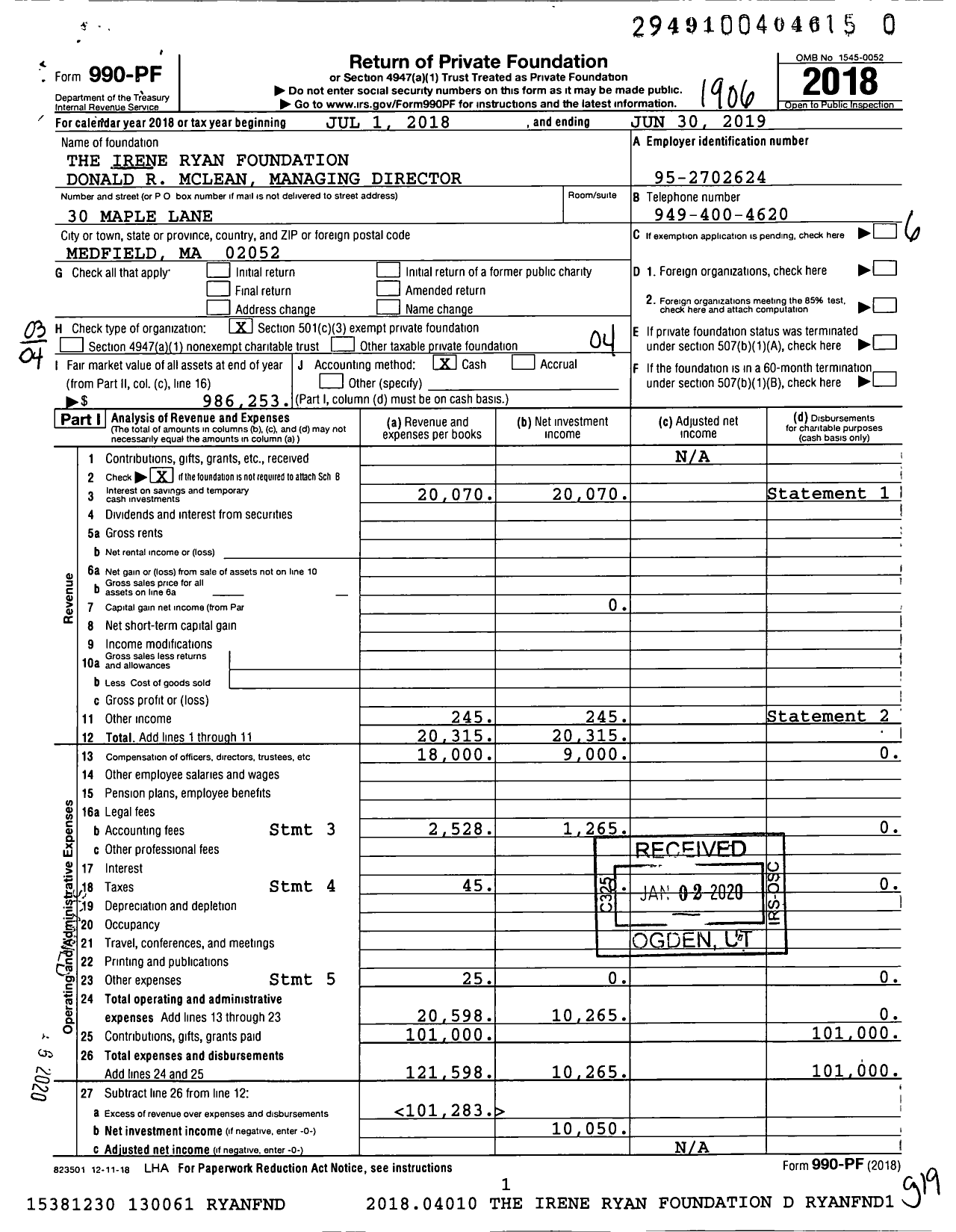 Image of first page of 2018 Form 990PR for The Irene Ryan Foundation Barbara Mclean Managing Director