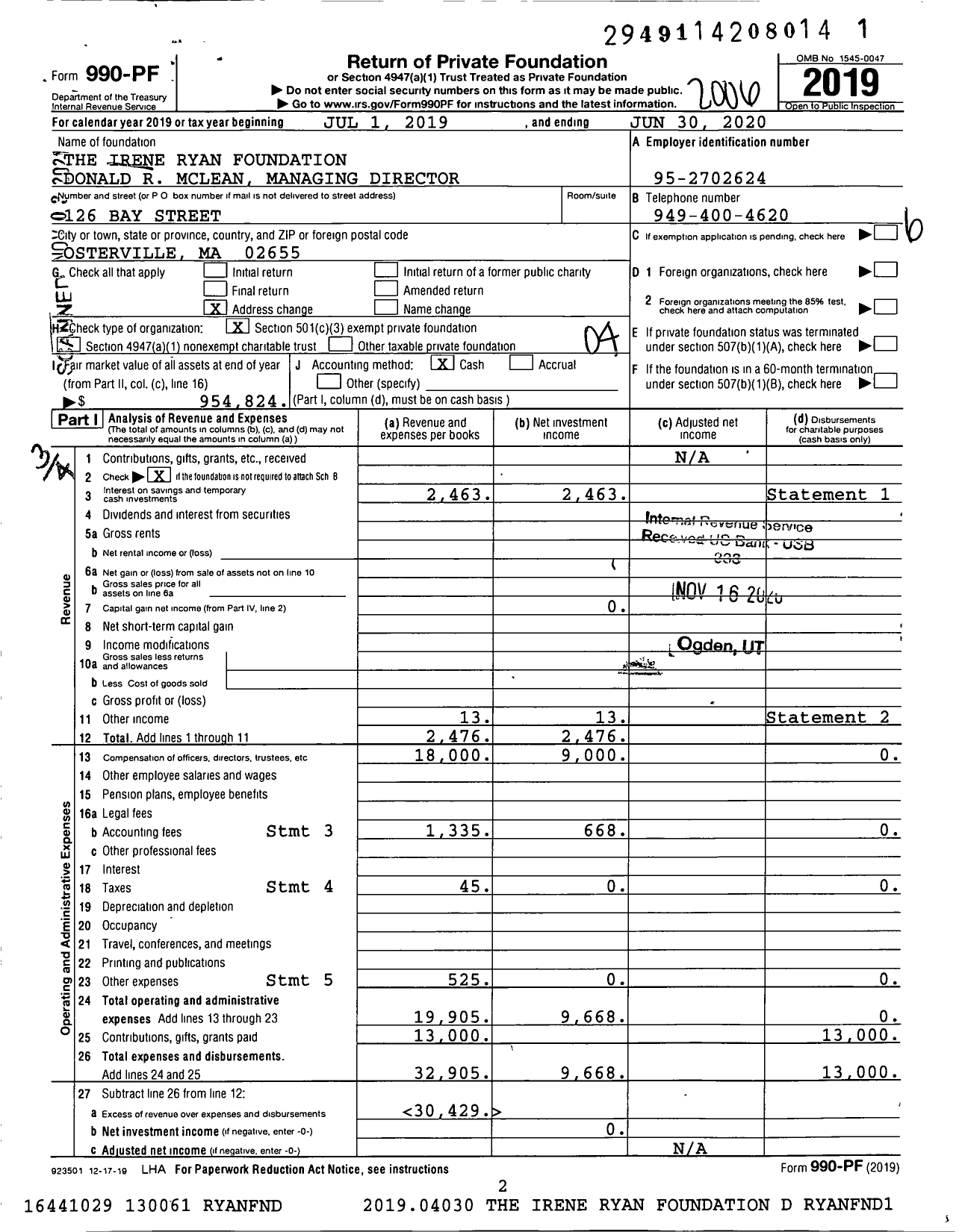 Image of first page of 2019 Form 990PF for The Irene Ryan Foundation Barbara Mclean Managing Director