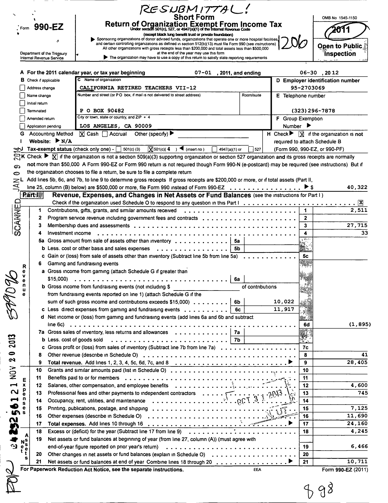 Image of first page of 2011 Form 990EO for California Retired Teachers Association / Vii-12 Los Angeles