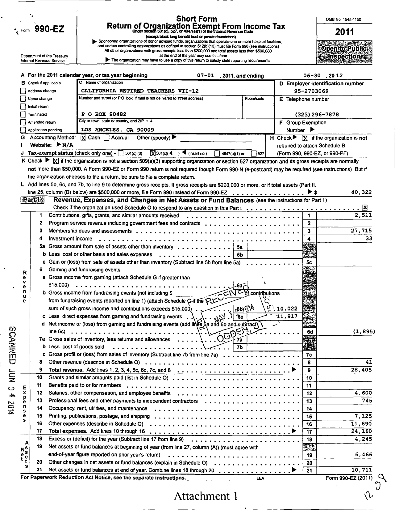 Image of first page of 2011 Form 990EO for California Retired Teachers Association / Vii-12 Los Angeles