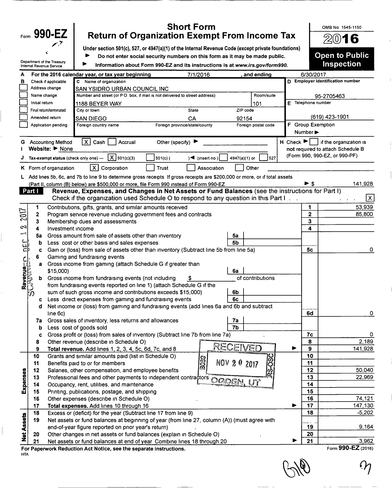 Image of first page of 2016 Form 990EZ for San Ysidro Urban Council