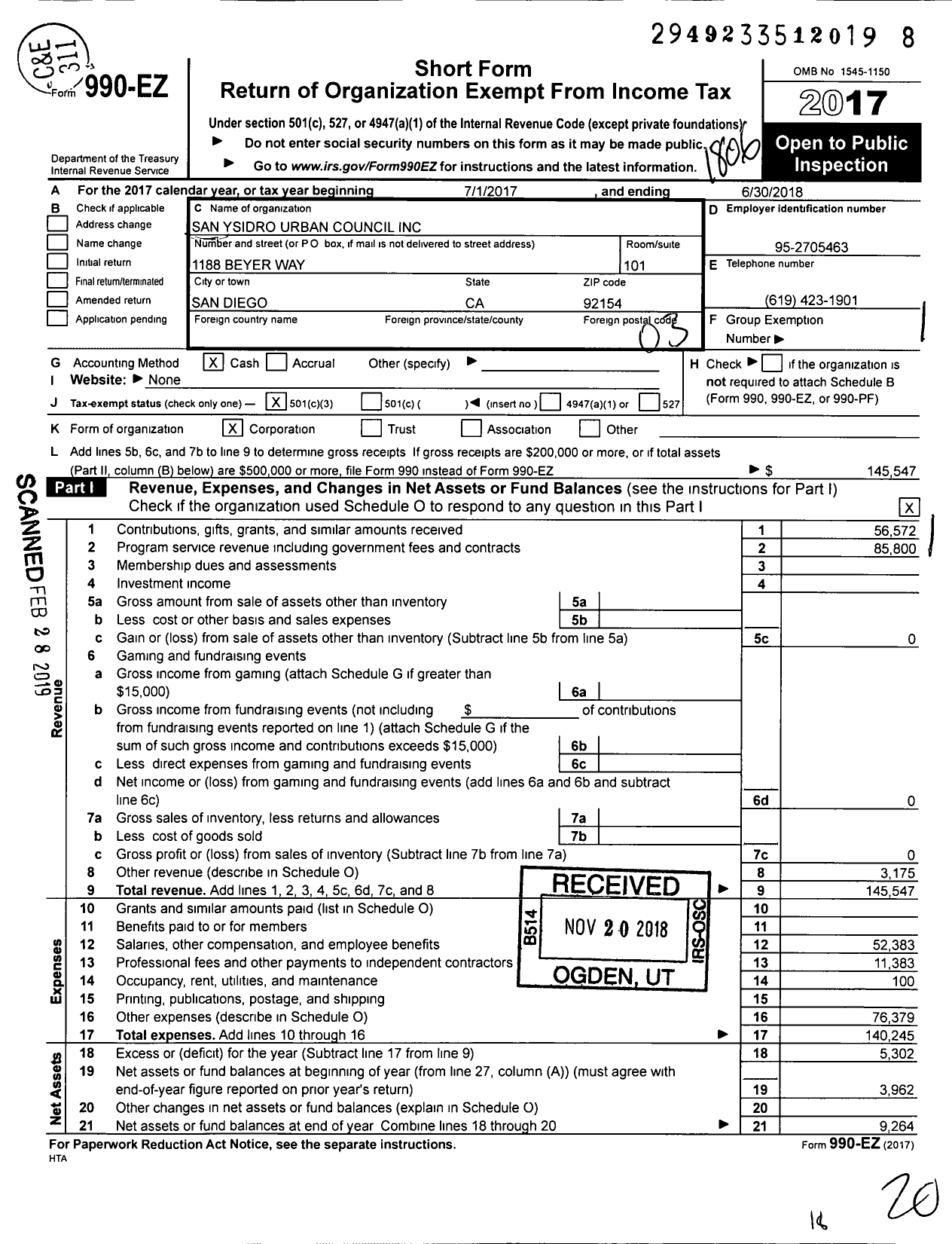 Image of first page of 2017 Form 990EZ for San Ysidro Urban Council