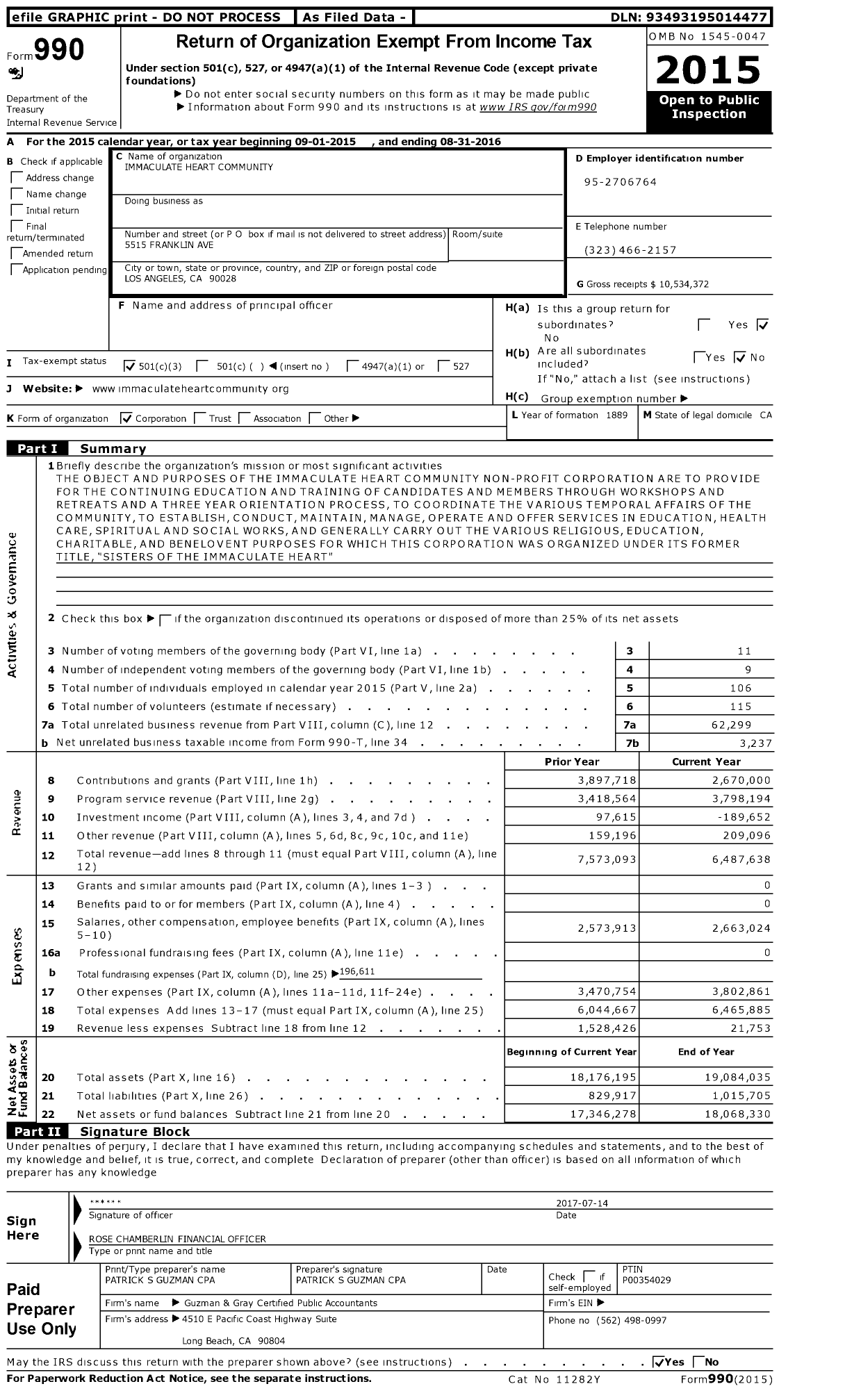 Image of first page of 2015 Form 990 for Immaculate Heart Community