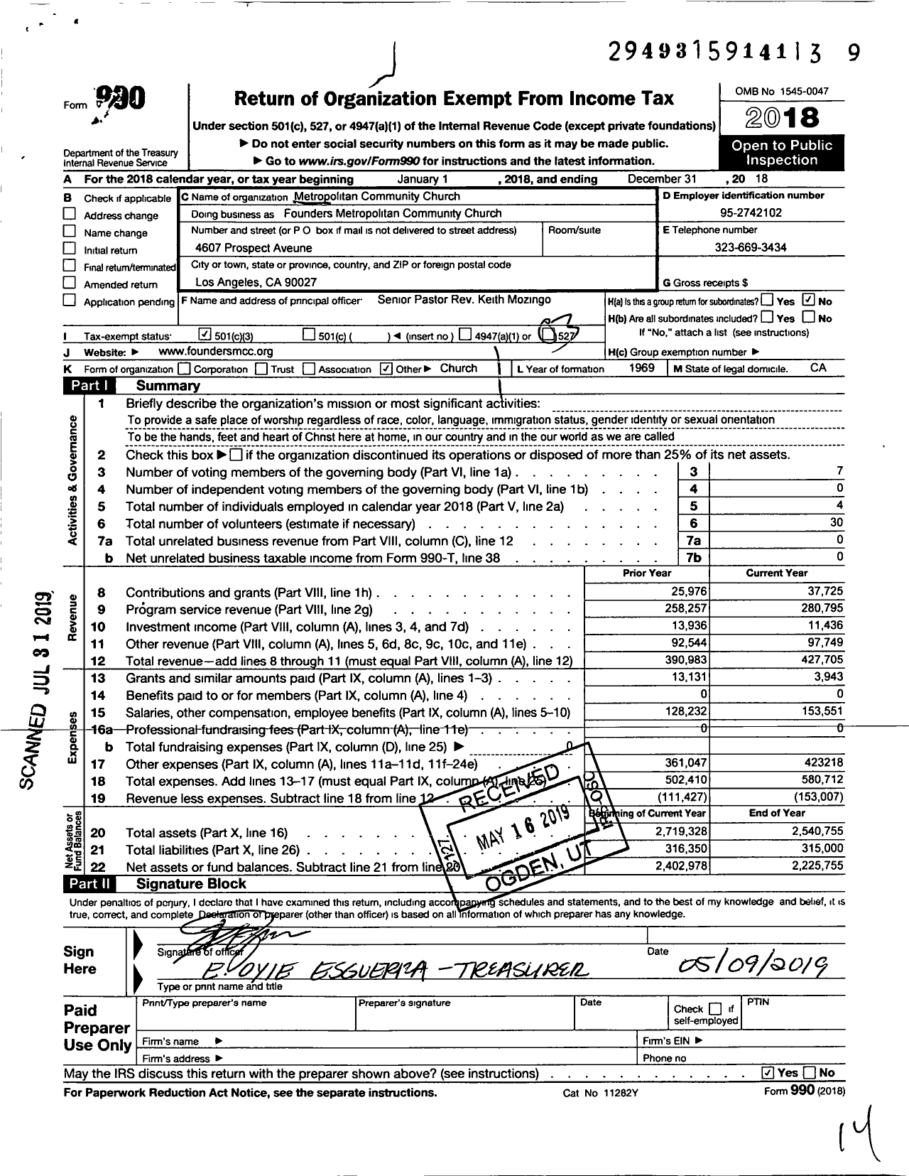 Image of first page of 2018 Form 990 for Metropolitan Community Church