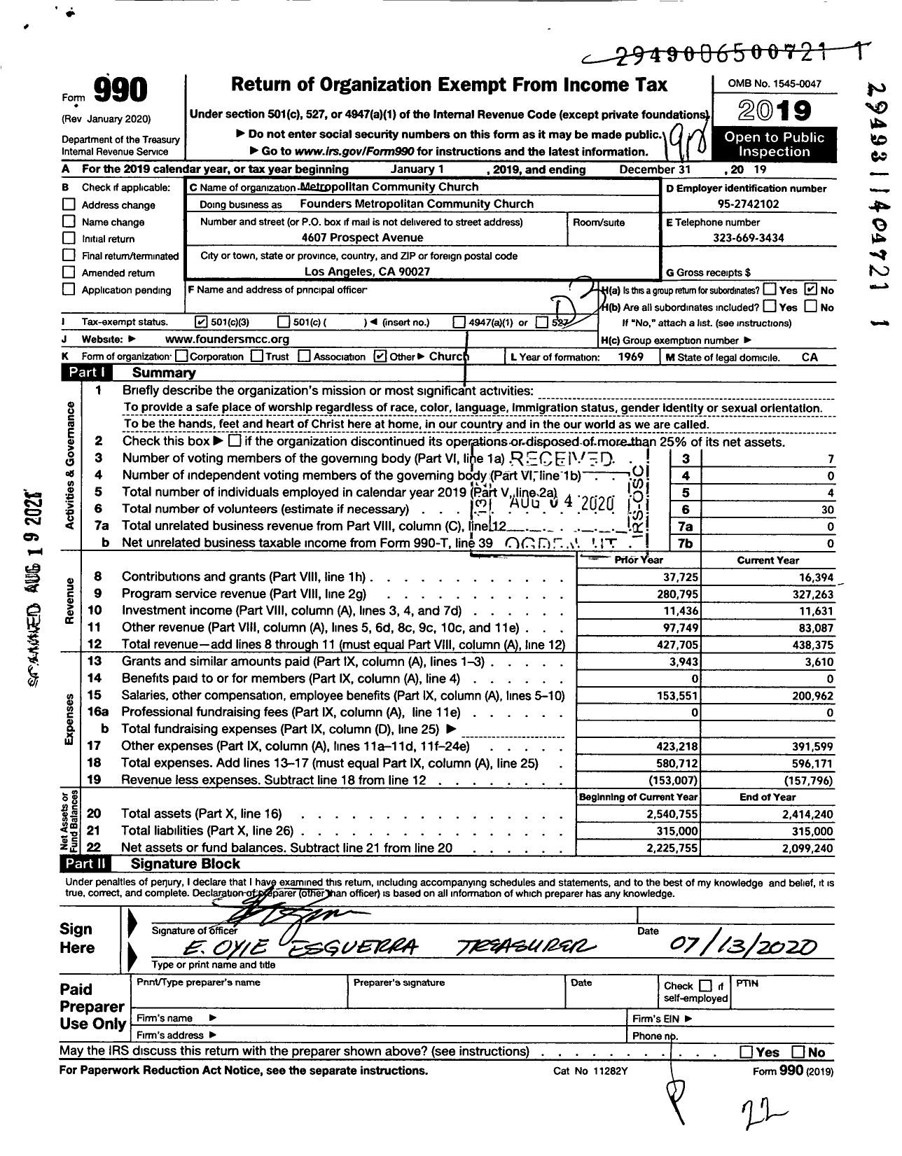 Image of first page of 2019 Form 990 for Metropolitan Community Church