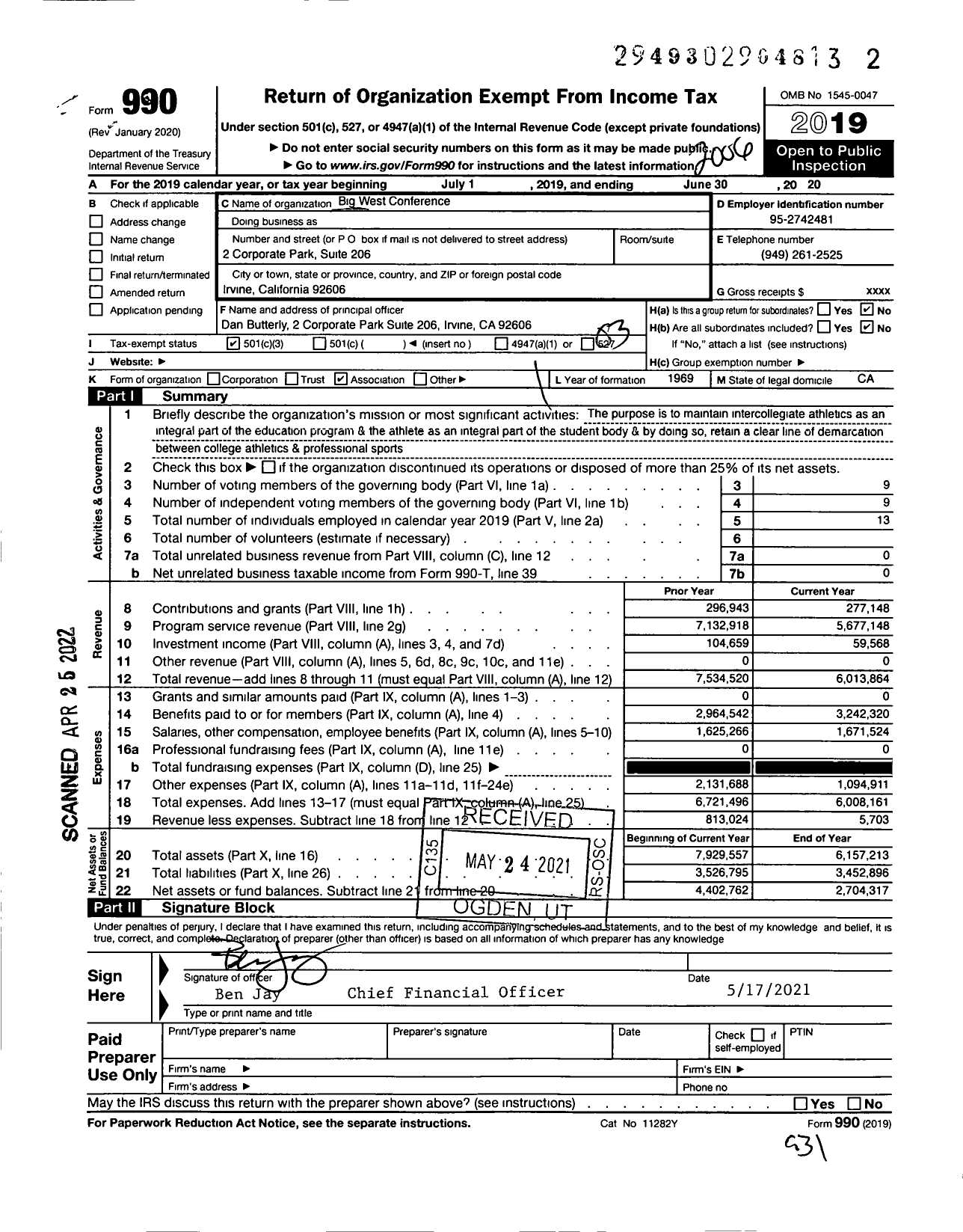 Image of first page of 2019 Form 990 for Big West Conference