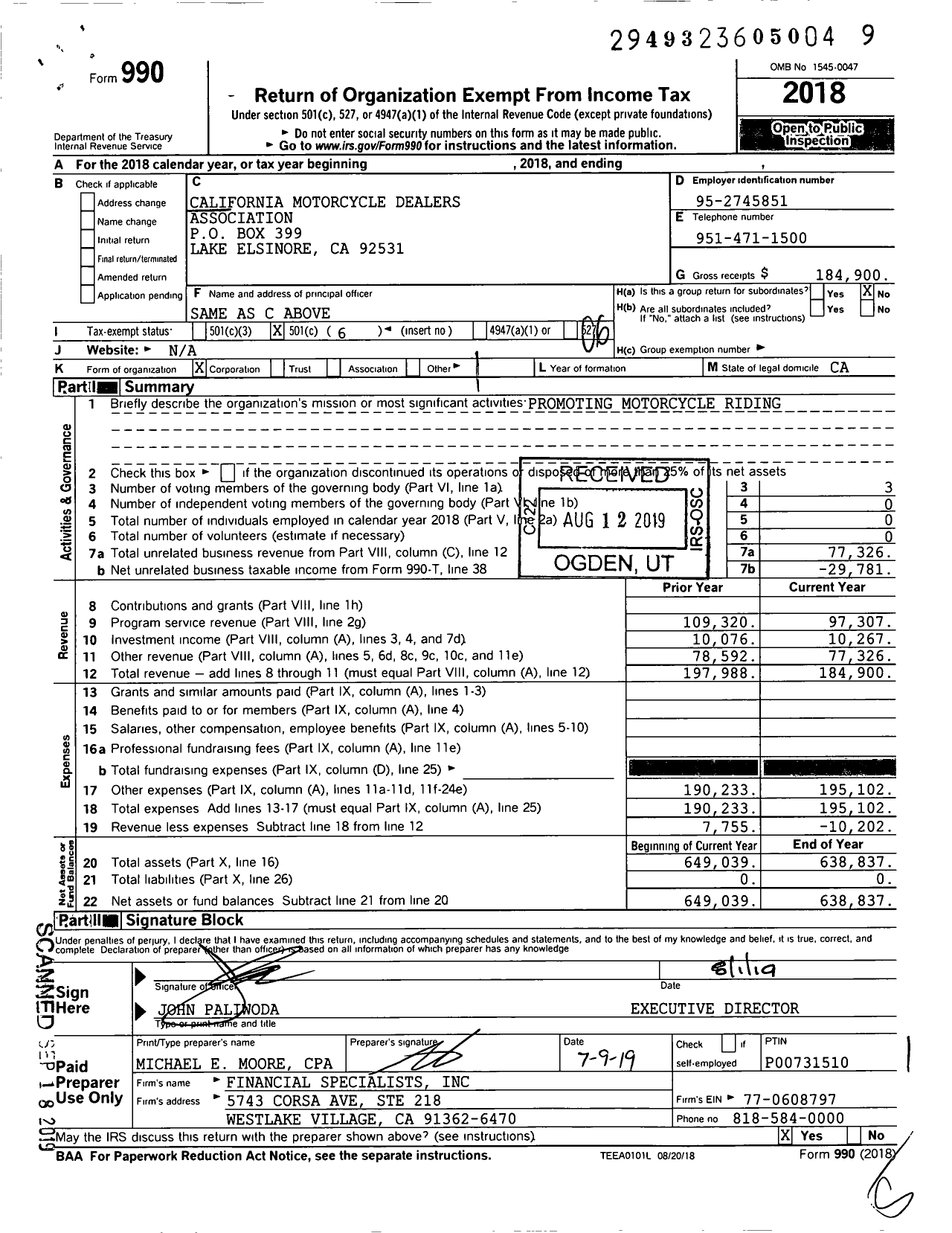 Image of first page of 2018 Form 990O for California Motorcycle Dealers Association