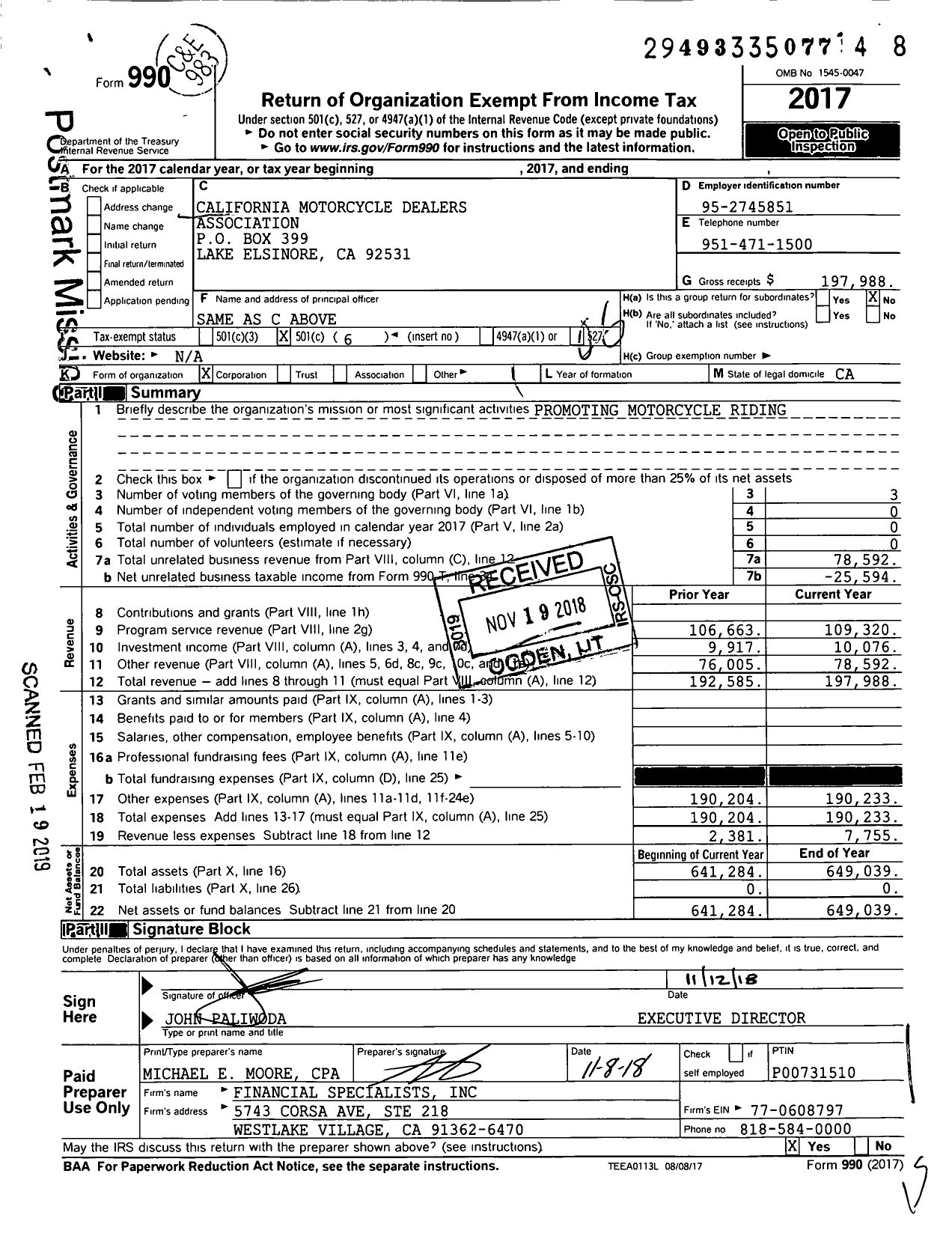 Image of first page of 2017 Form 990O for California Motorcycle Dealers Association