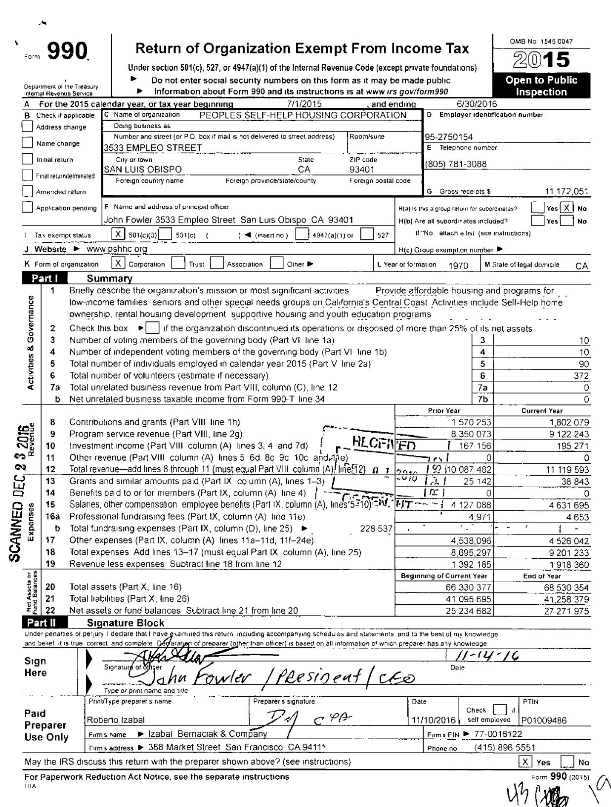 Image of first page of 2015 Form 990 for People's Self-Help Housing (PSHH)