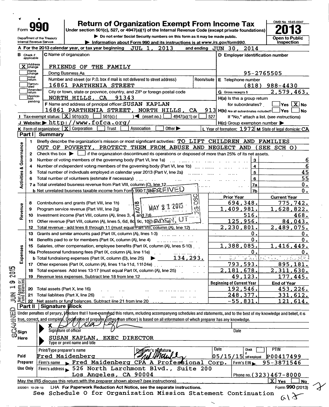 Image of first page of 2013 Form 990 for Friends of the Family (FOF)