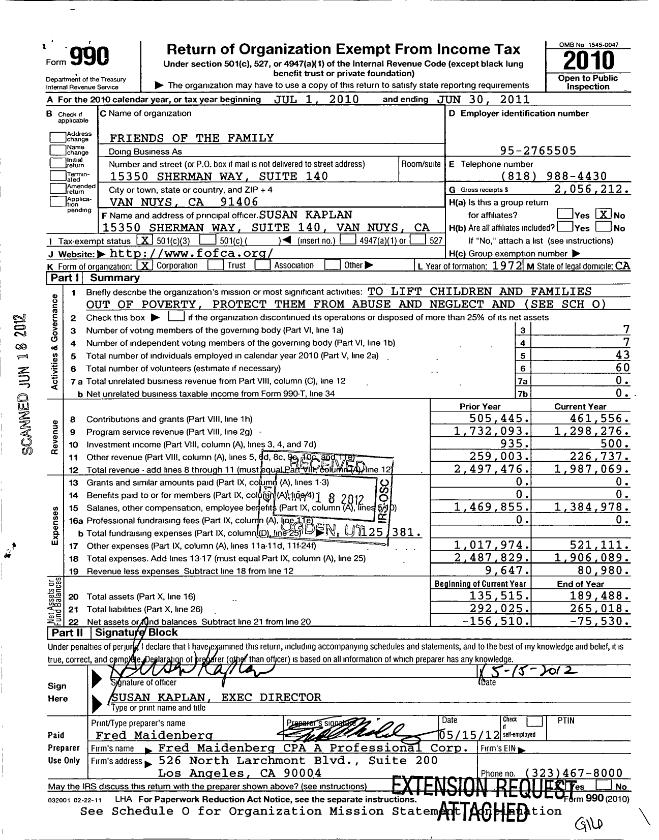 Image of first page of 2010 Form 990 for Friends of the Family (FOF)