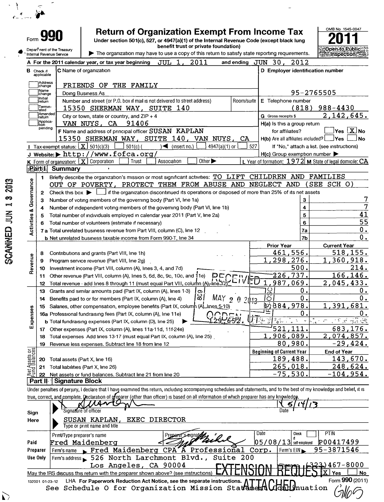 Image of first page of 2011 Form 990 for Friends of the Family (FOF)